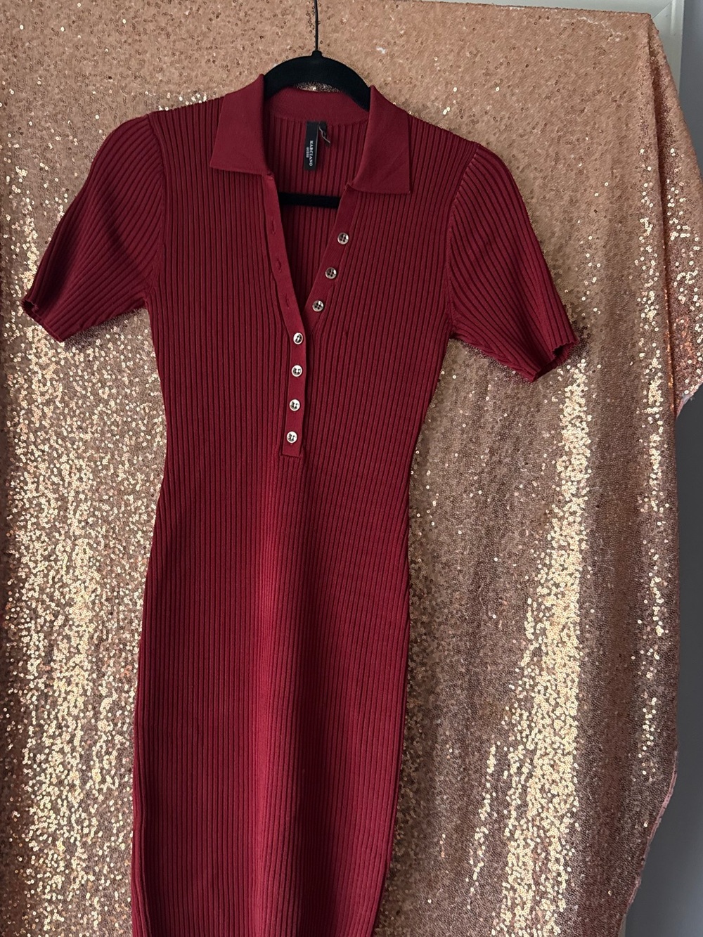 MARCIANO Ribbed Polo Knit Dress in Burgundy
